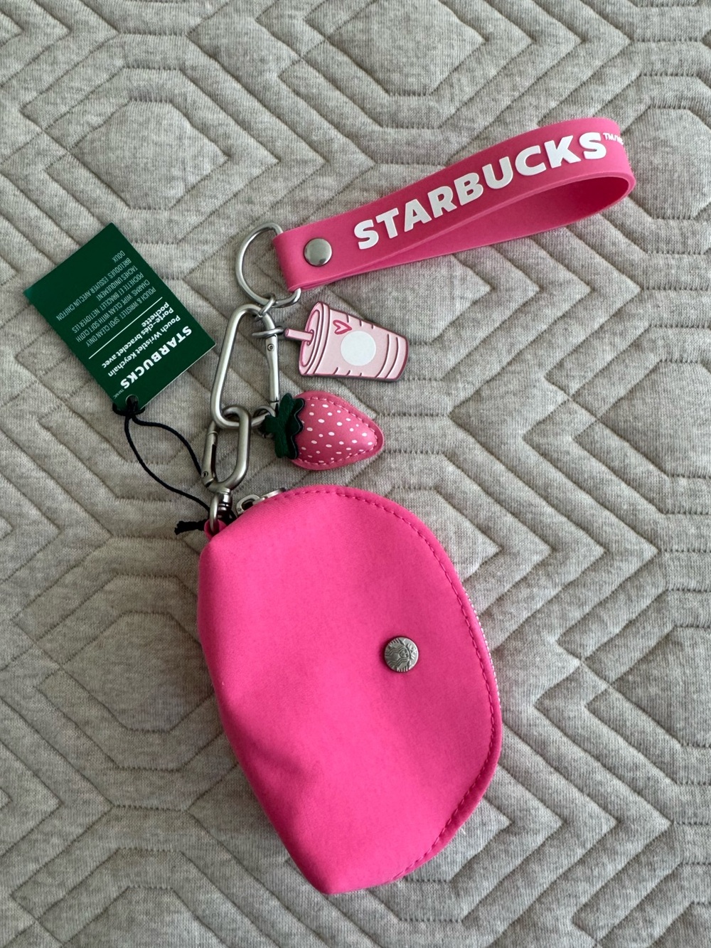 Starbucks Pink Collection Strawberry Keychain Wristlet with Charm Pouch